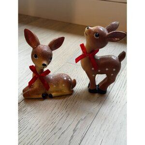 Vintage Ceramic Fawn Deer Figurines With Red Bows & Glitter Accents CUTE festive